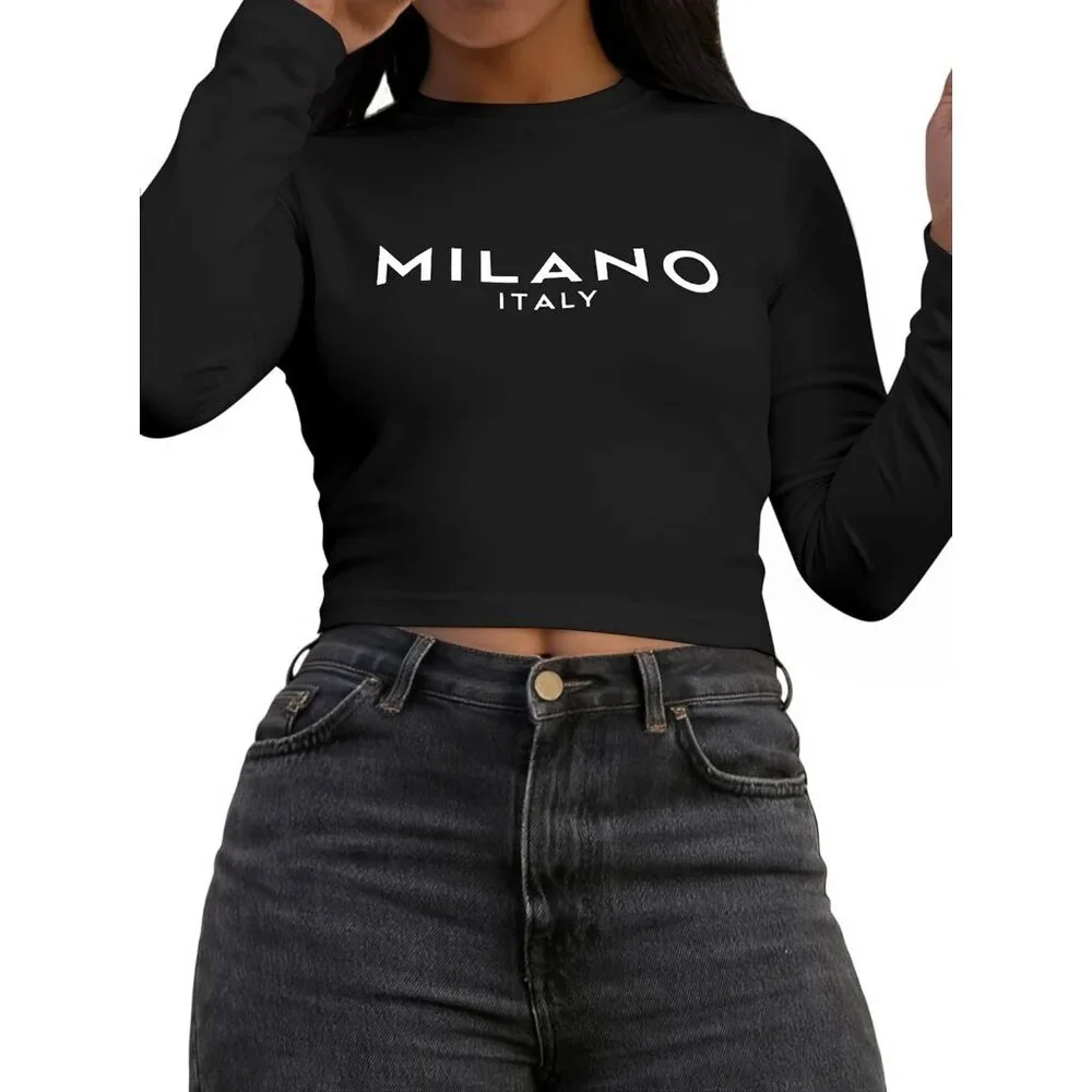 Long Sleeve Crop Top Women Fitted Graphic Crew Neck Casual for Fall - Picture 4 of 6